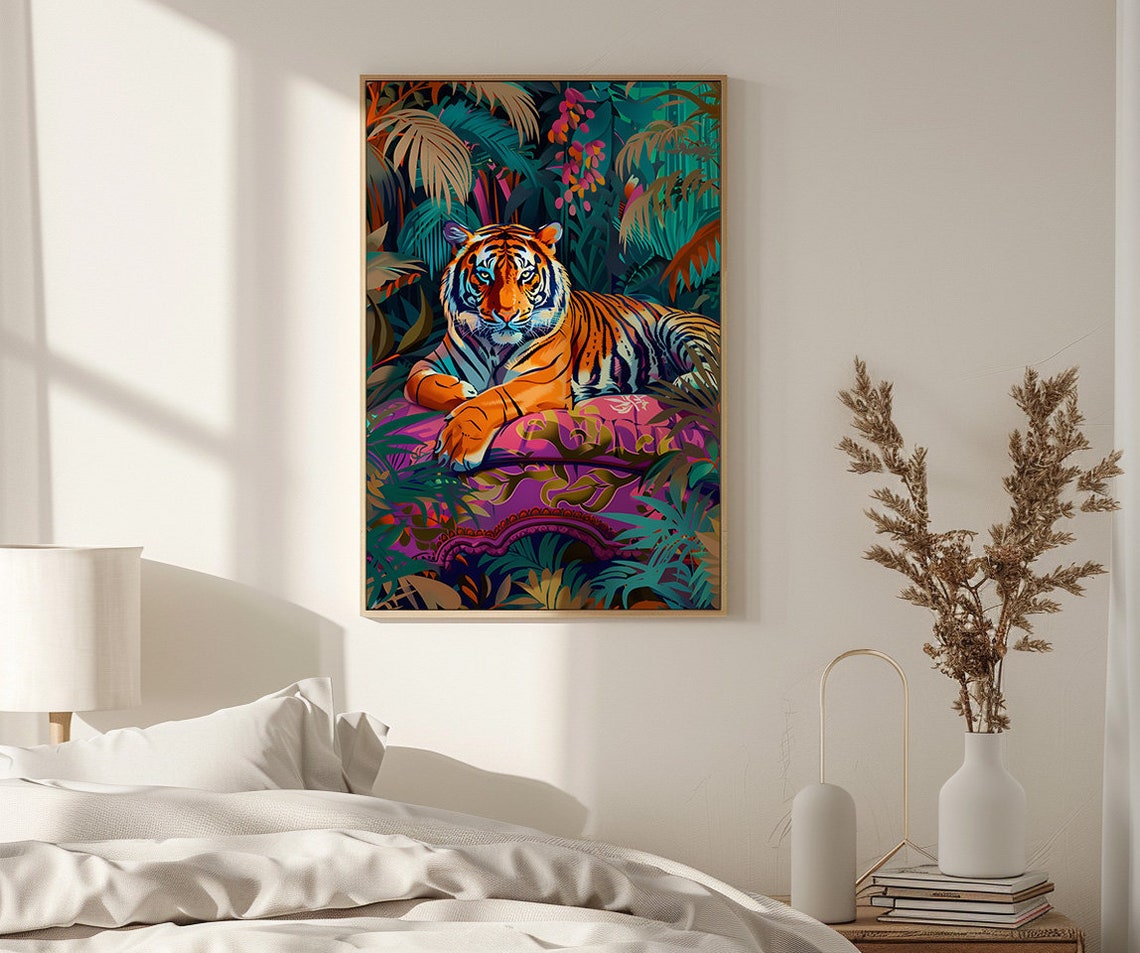 Tiger Resting In Lush Tropical Foliage Maximalist Art Poster - Image 2