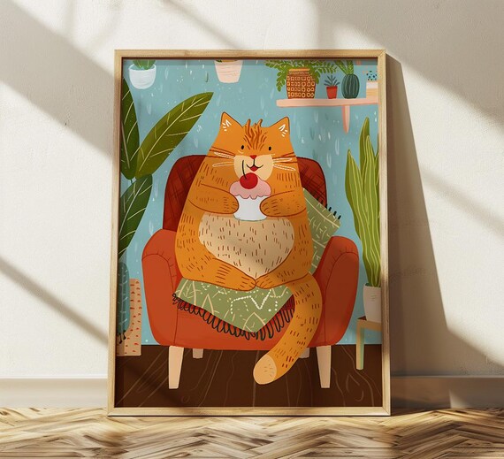Chubby Orange Cat Eating Ice Cream Sundae On Red Armchair Poster