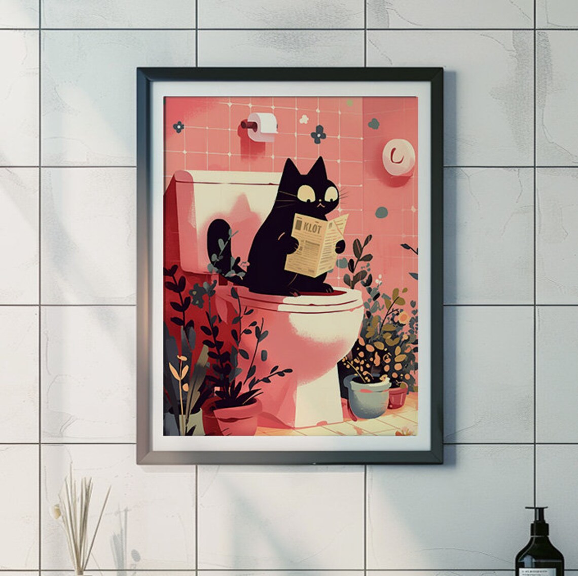 Bathroom Black Cat Reading Newspaper on Toilet Funny Cat Poster - Image 2
