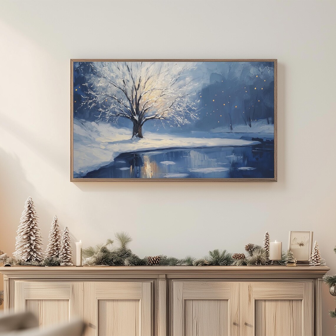 Snowy Tree Frozen Pond Blue Winter Night Landscape Art Poster - Image 2