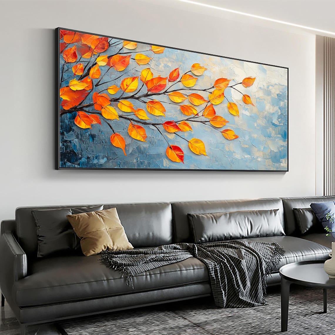 Autumn Orange Leaves on Dark Branch Against Blue Textured Wall Art - Image 3