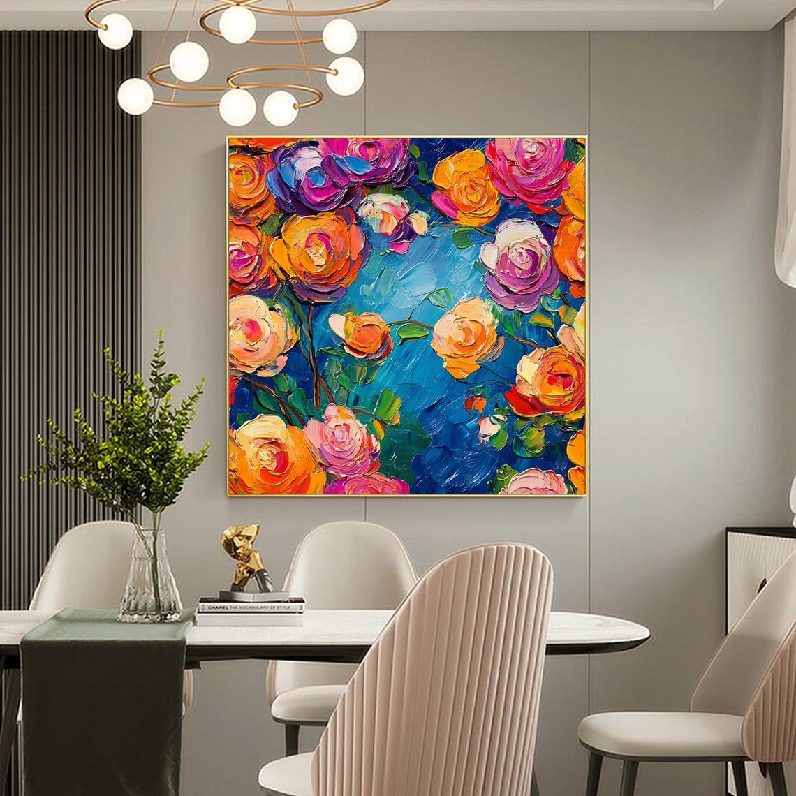 Colorful Sculpted Rose Blooms Bouquet on Deep Blue Floral Wall Art - Image 4