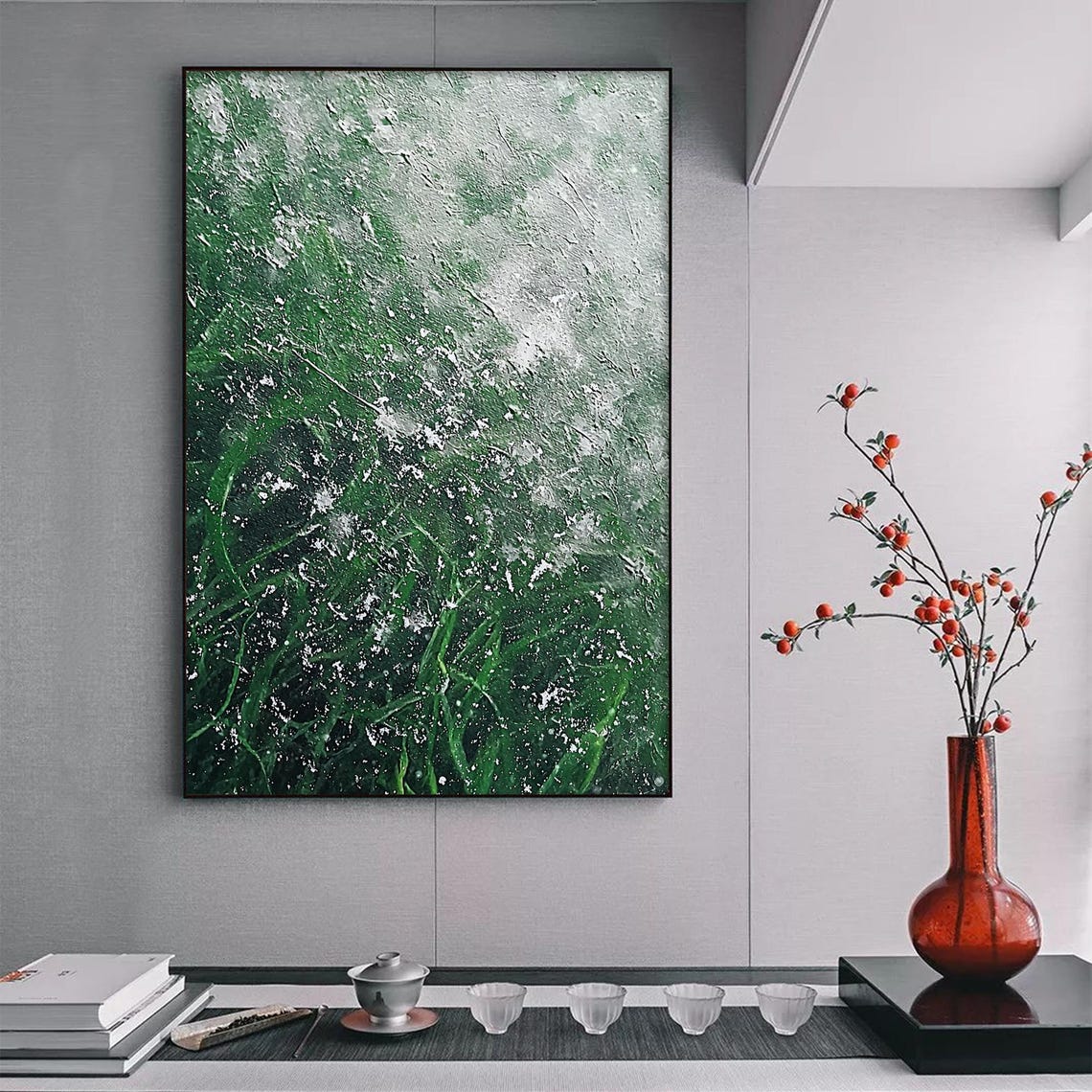 Heavy Snow Blanket Over Dark Green Grass Winter Nature Wall Art - Image 2