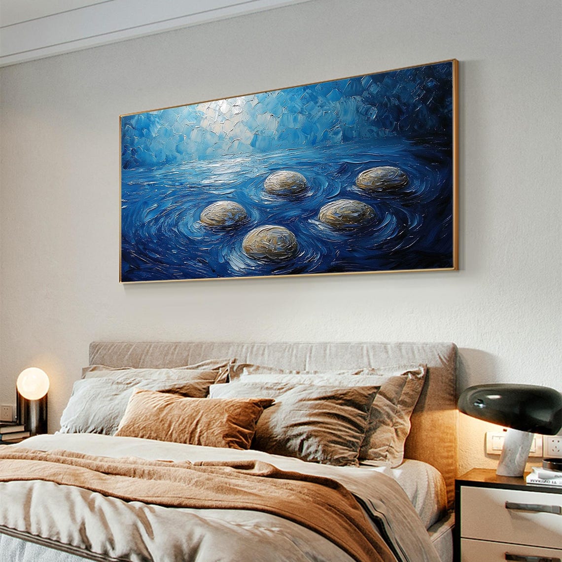Smooth River Stones Resting In Swirling Deep Blue Water Poster - Image 2