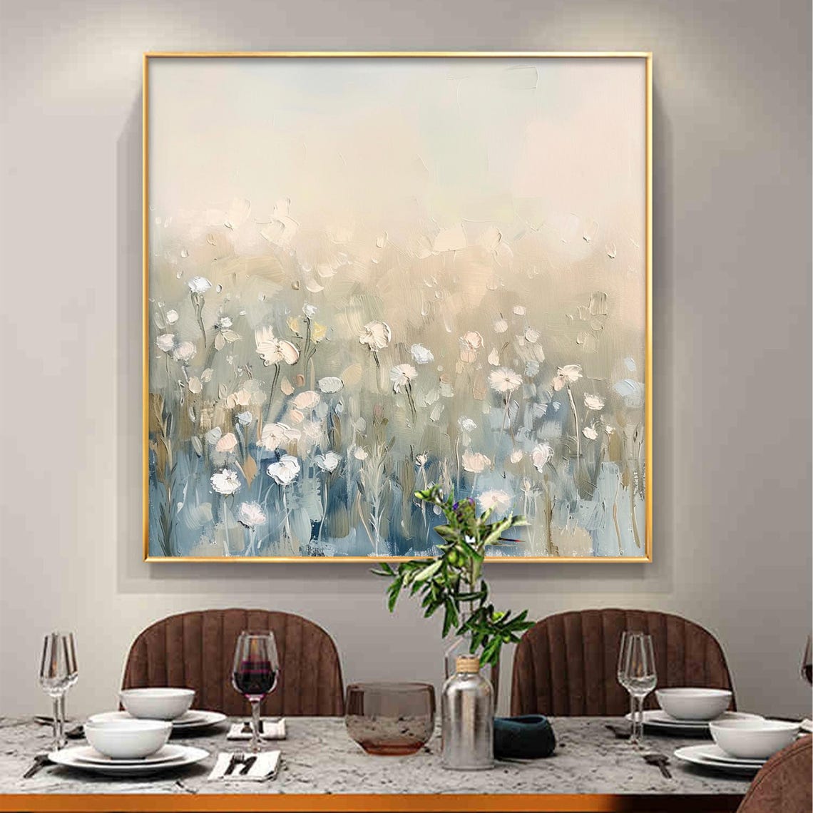 Soft White Wildflowers Field on Muted Beige Minimalist Floral Wall Art - Image 4