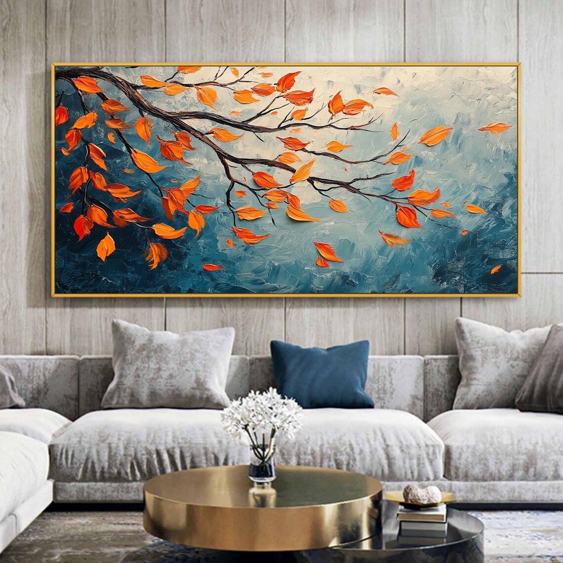 Stormy Autumn Branch with Red Orange Leaves on Teal Sky Wall Art - Image 5