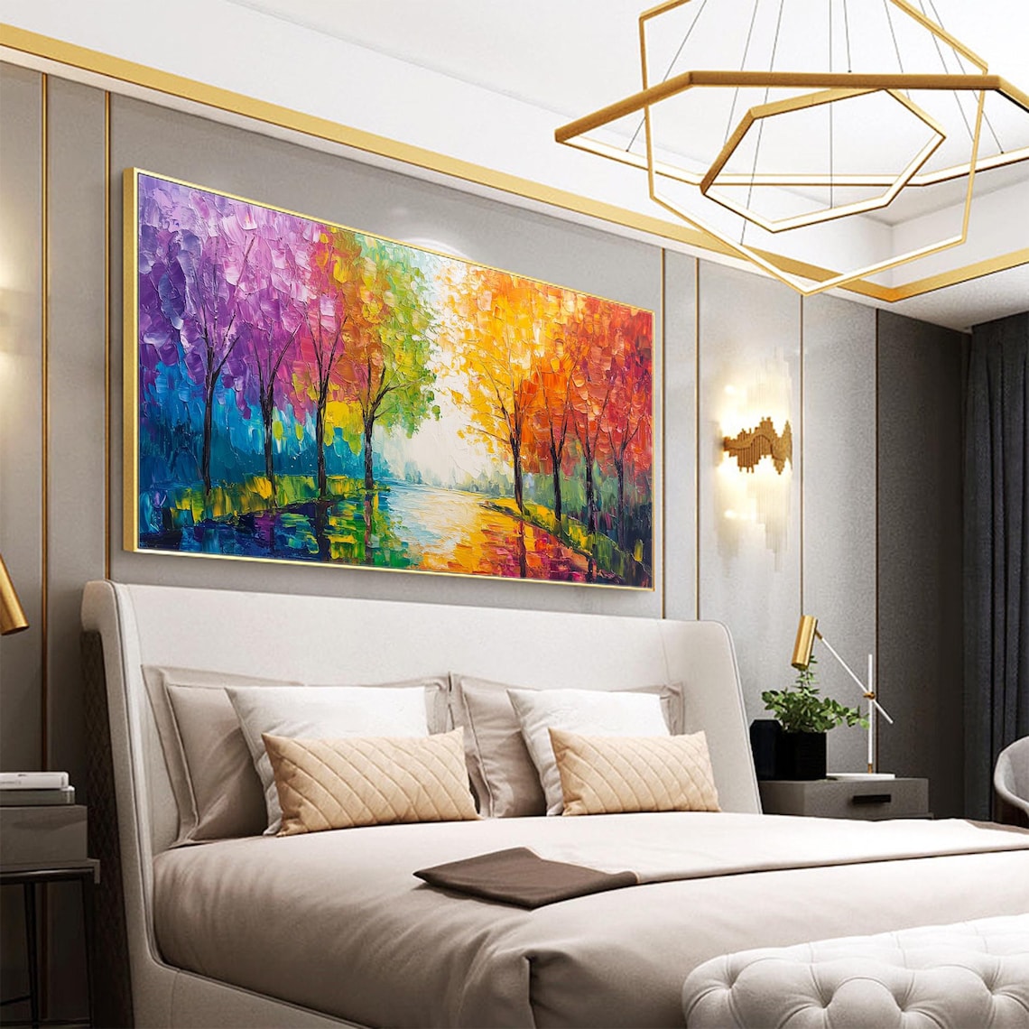 Original Tree Oil Painting On Colorful Forest Wall Art Large Art Hand Painted Impasto Textured Painting Living Room Decor - Image 3