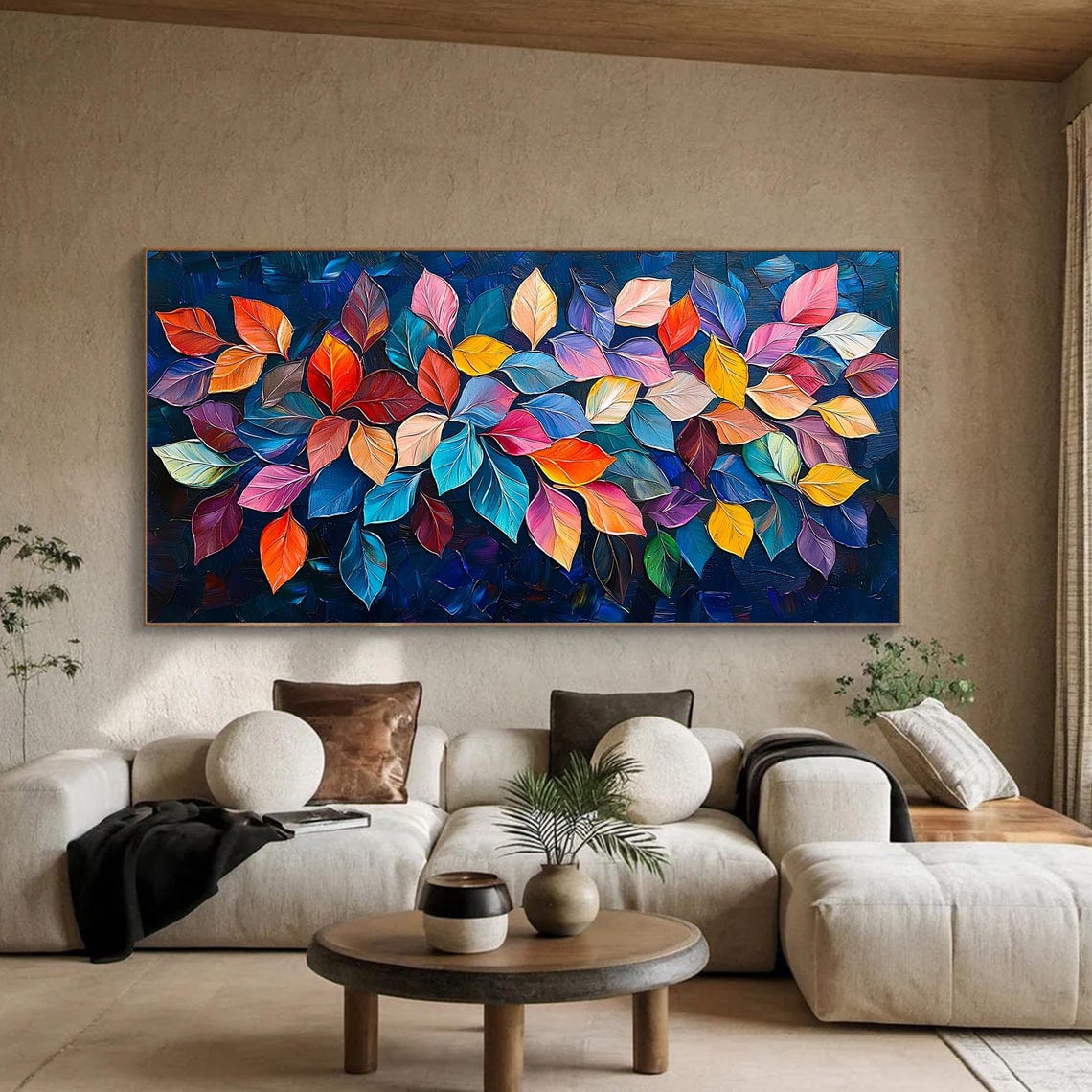 Dense Red Orange Rainbow Leaves Field on Deep Navy Blue Wall Art - Image 2