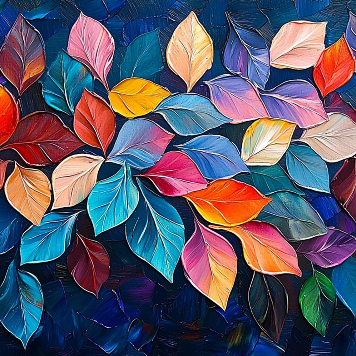 Dense Red Orange Rainbow Leaves Field on Deep Navy Blue Wall Art - Image 3