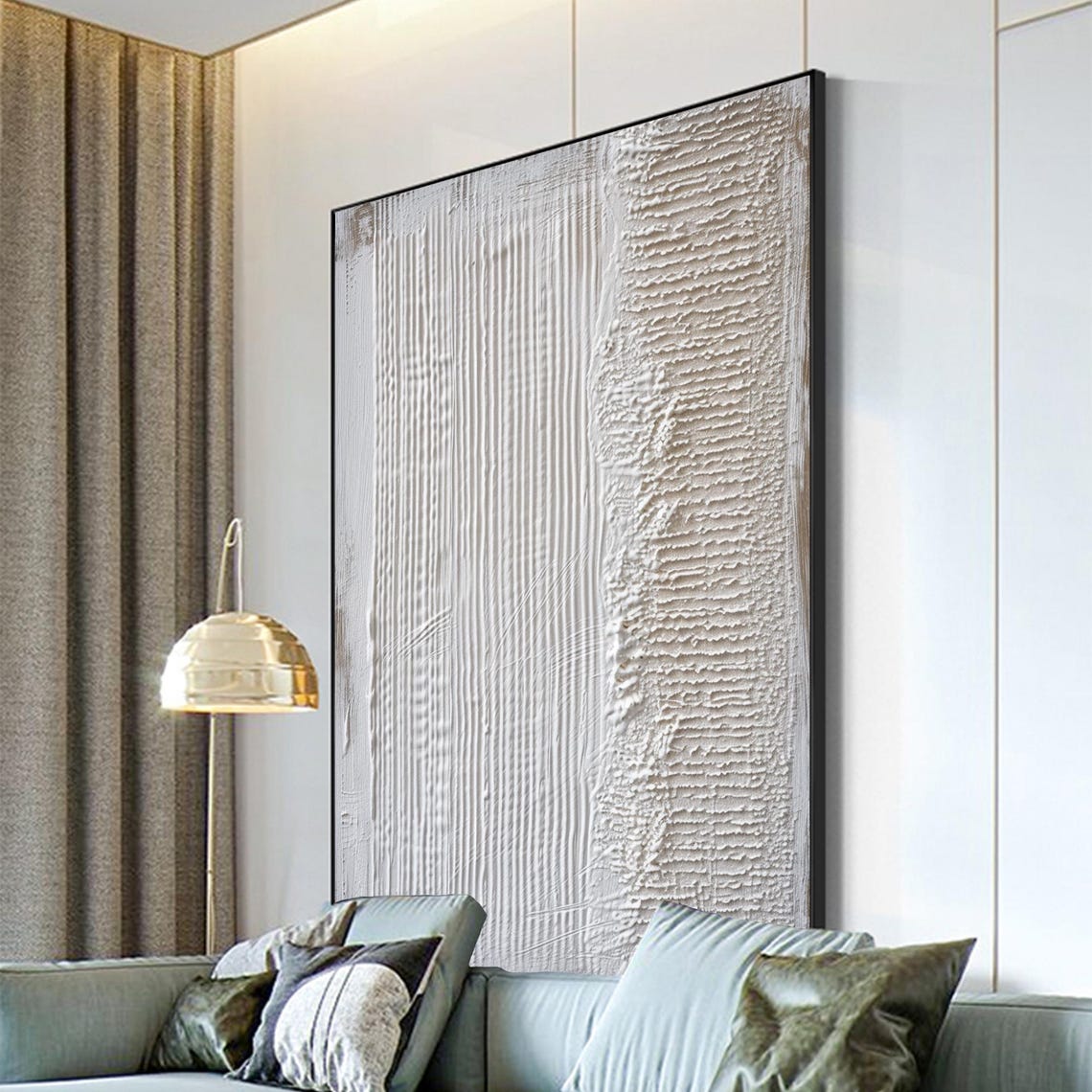Minimalist White Beige Ridged Plaster Texture Abstract Wall Art - Image 2
