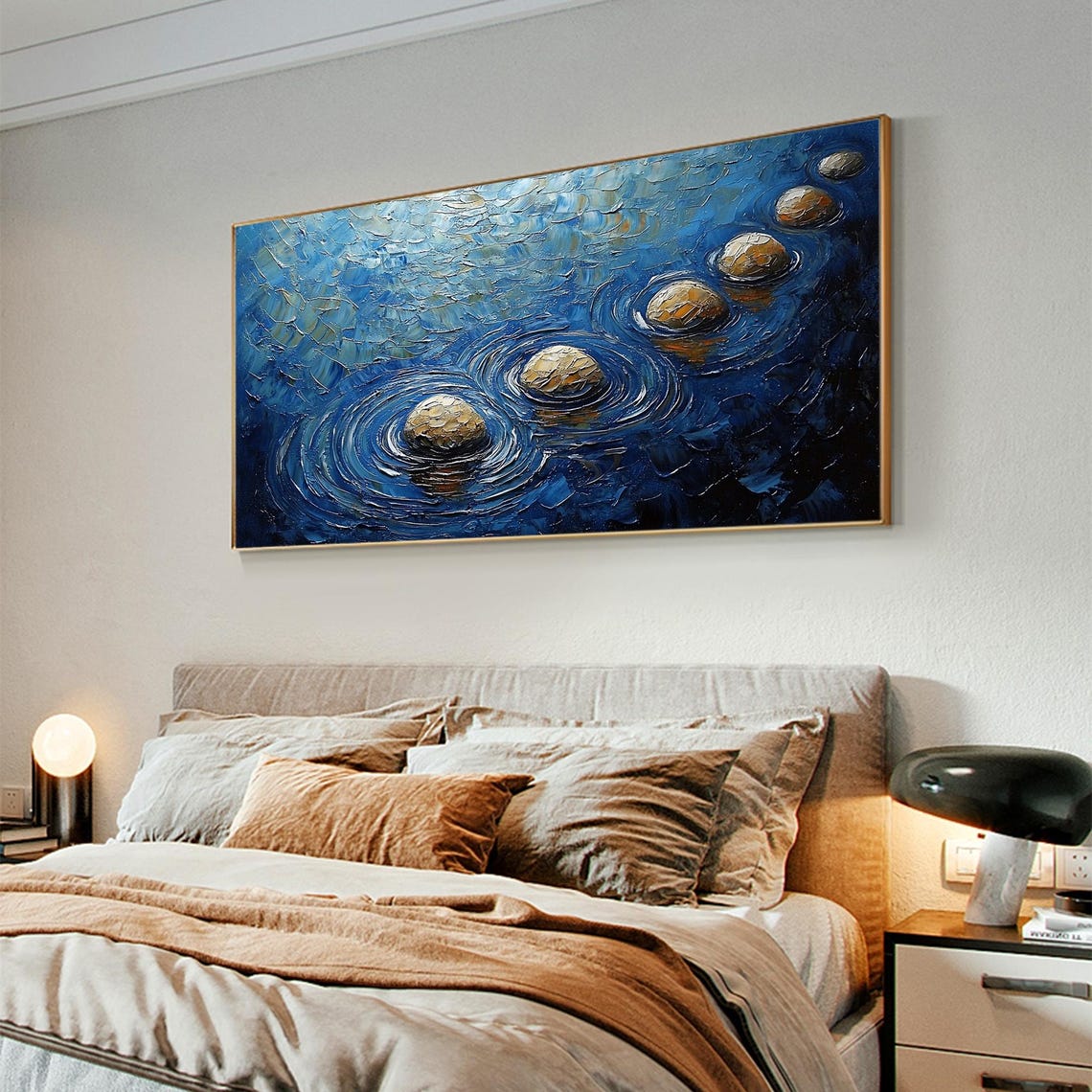 Five Smooth Golden Stones Crossing Dark Blue Water In An Arc Poster - Image 2