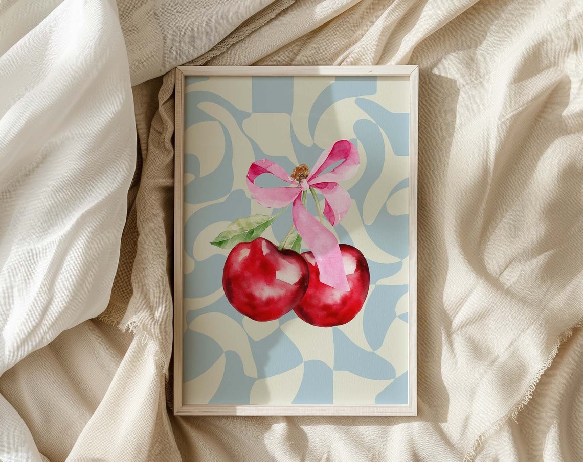 Watercolor Cherries with Pink Bow Poster Coquette Kitchen Fruit Art