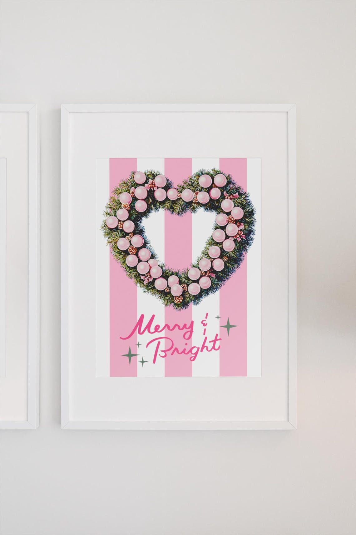 Merry And Bright Pink Heart Wreath On Candy Stripe Christmas Poster - Image 2
