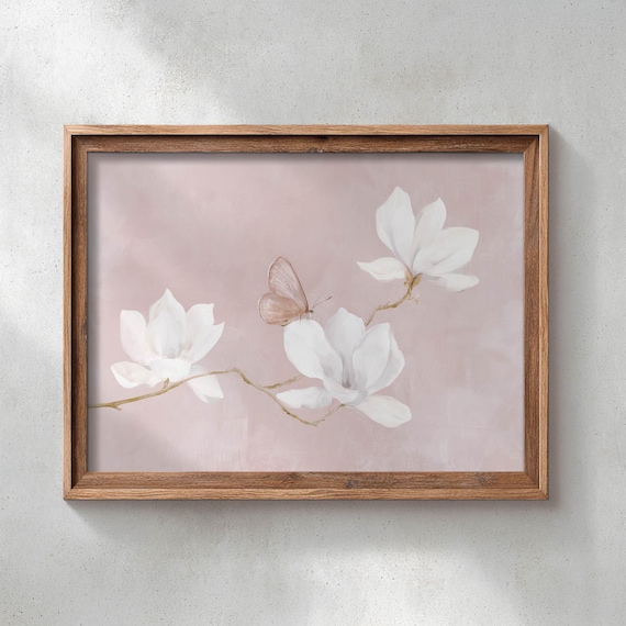 Printed Magnolia Blossoms With Butterfly Rustic Floral Wall Art Cottagecore Botanical Print Soft Blush Pink Feminine Home Decor 0668
