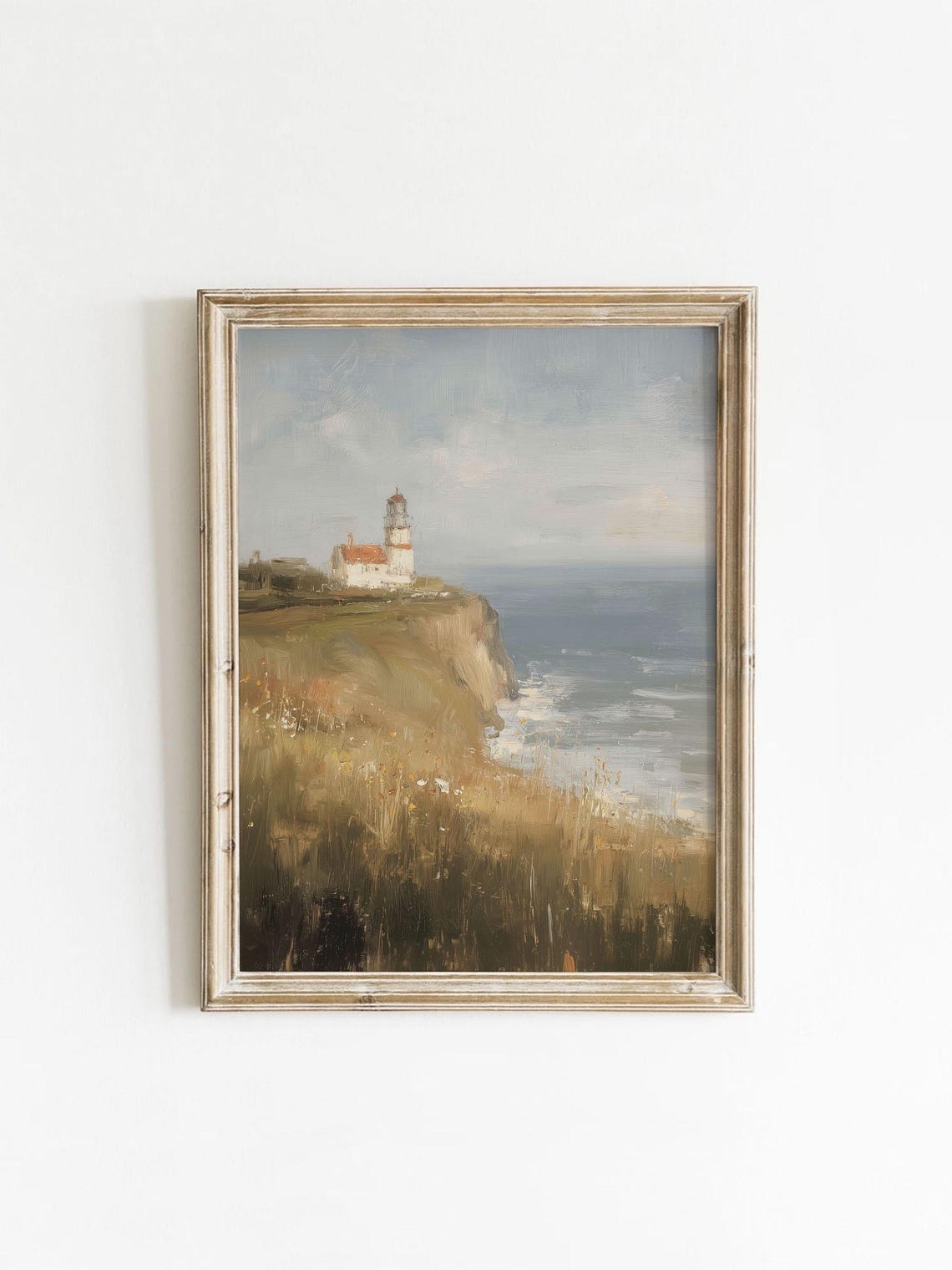 Vintage Lighthouse on Cliff with Keepers Cottage Oil Style Poster