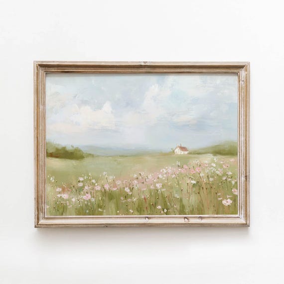 Sunlit Wildflower Meadow Printable Pastel Cottage Wall Art Cottagecore Landscape Decor Neutral Living Room Spring Download 0346