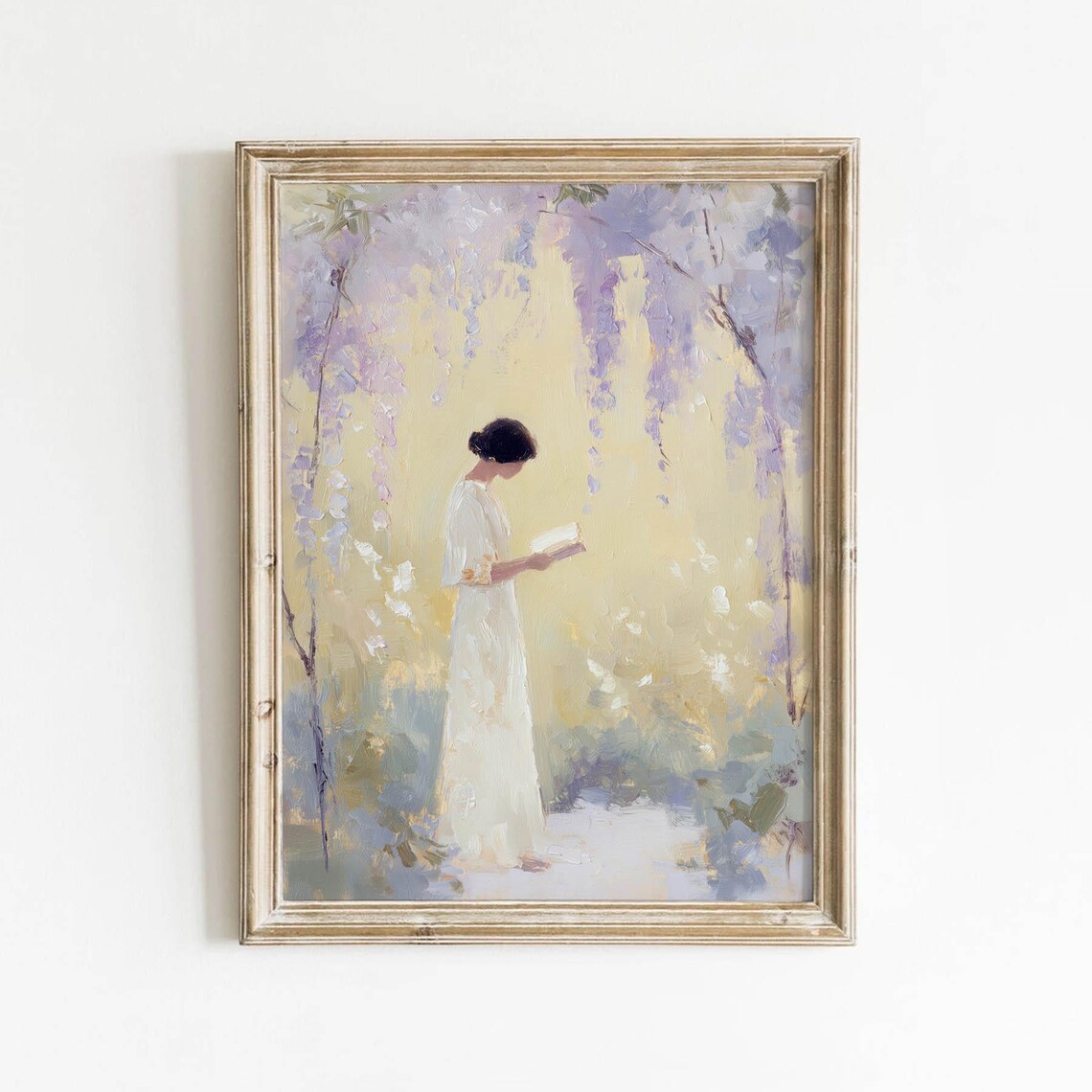 Woman Reading Under Wisteria White Dress Romantic Garden Art Poster