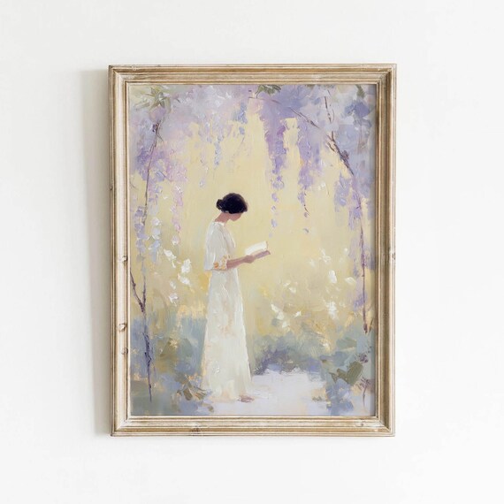Romantic Woman In White Printable Pastel Cottagecore Wall Art Vintage Garden Decor Calming Room Soft Lavender Download 0321