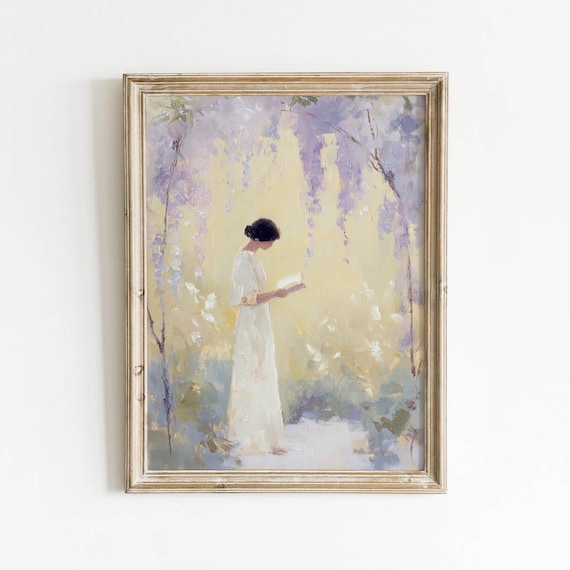 Woman Reading Under Wisteria White Dress Romantic Garden Art Poster