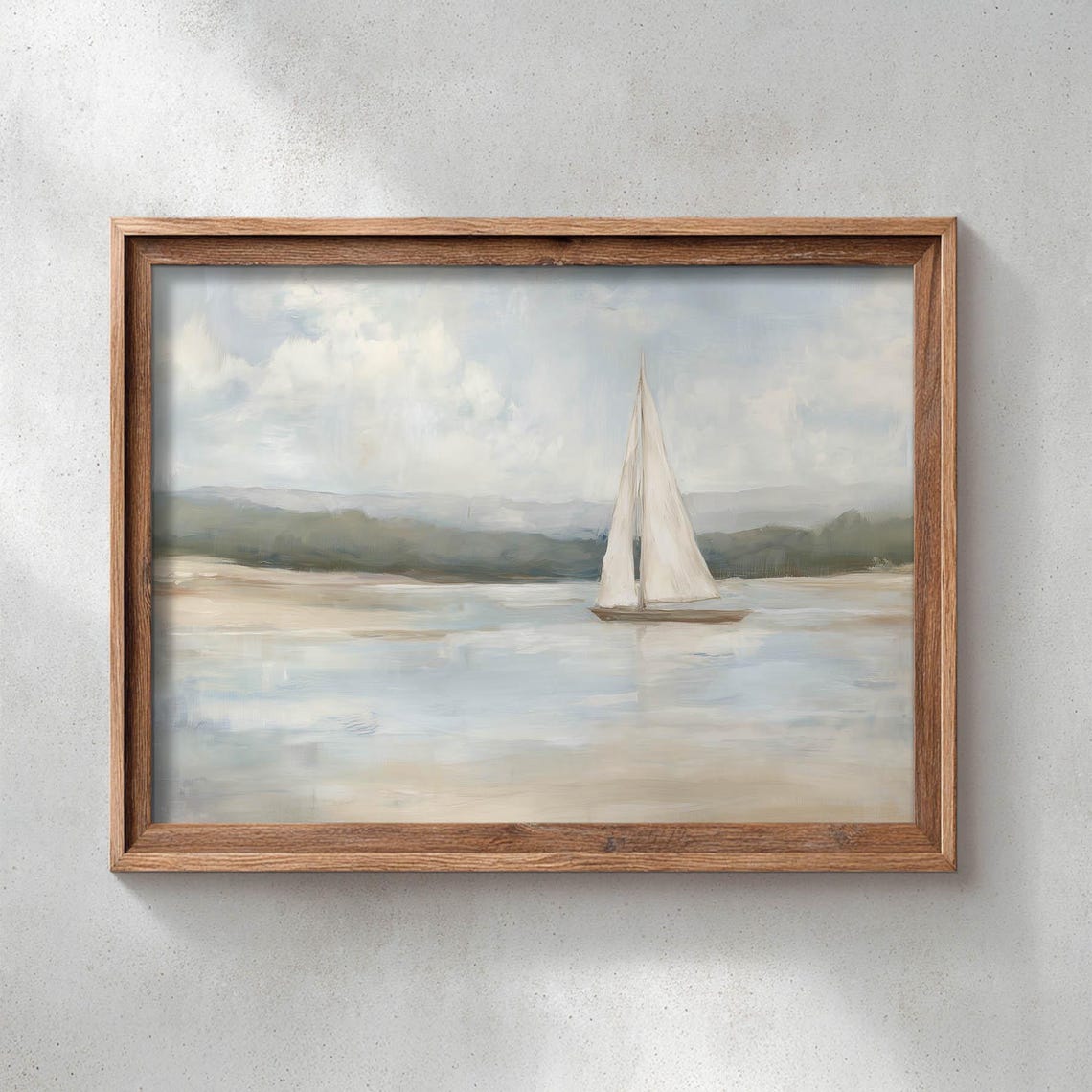 Lone Sailboat on Calm Still Water Muted Coastal Landscape Poster