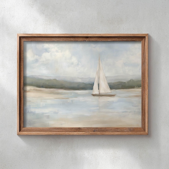 Lone Sailboat on Calm Still Water Muted Coastal Landscape Poster