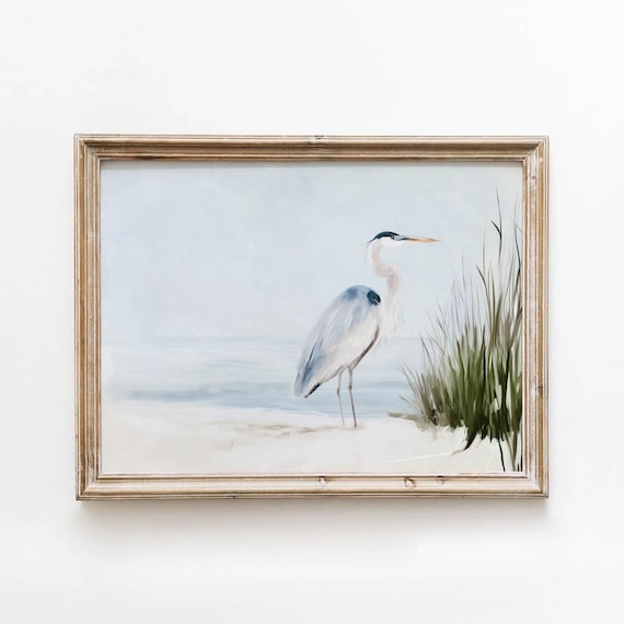 Blue Heron On Sandy Beach Printable Coastal Wall Art Vintage Landscape Decor Muted Neutral Seaside Painting Digital Download 665
