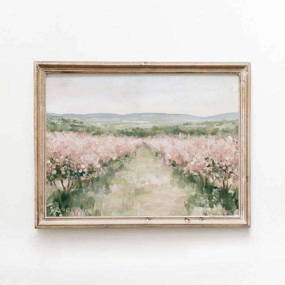 Printable Blooming Orchard Pathway Landscape Pink Flowering Trees Vintage Cottagecore Spring Wall Art Digital Download 756