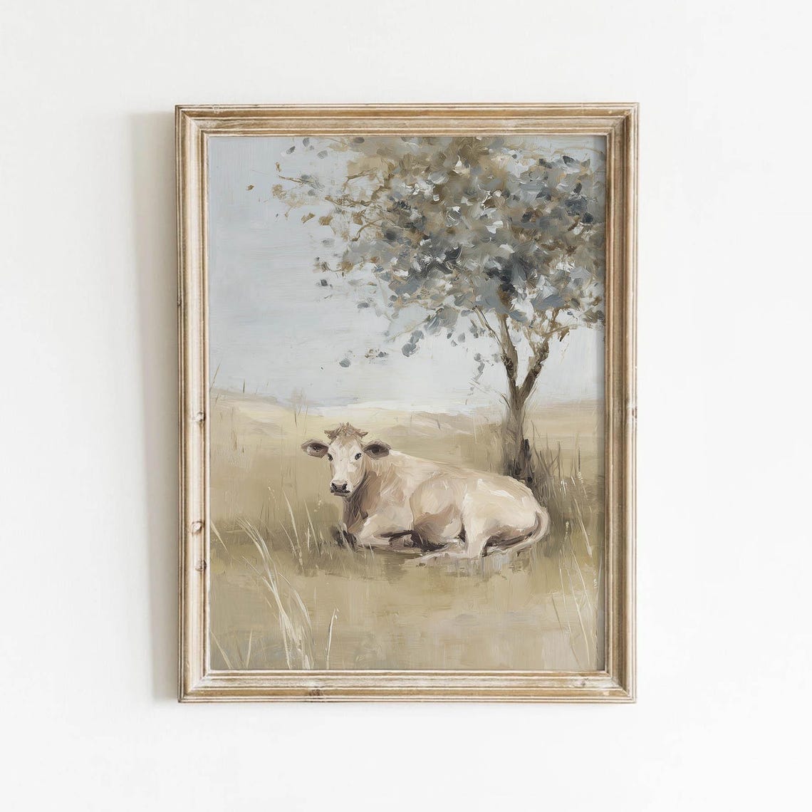 Cream Resting Cow Golden Meadow Tree Vintage Farmhouse Art Poster