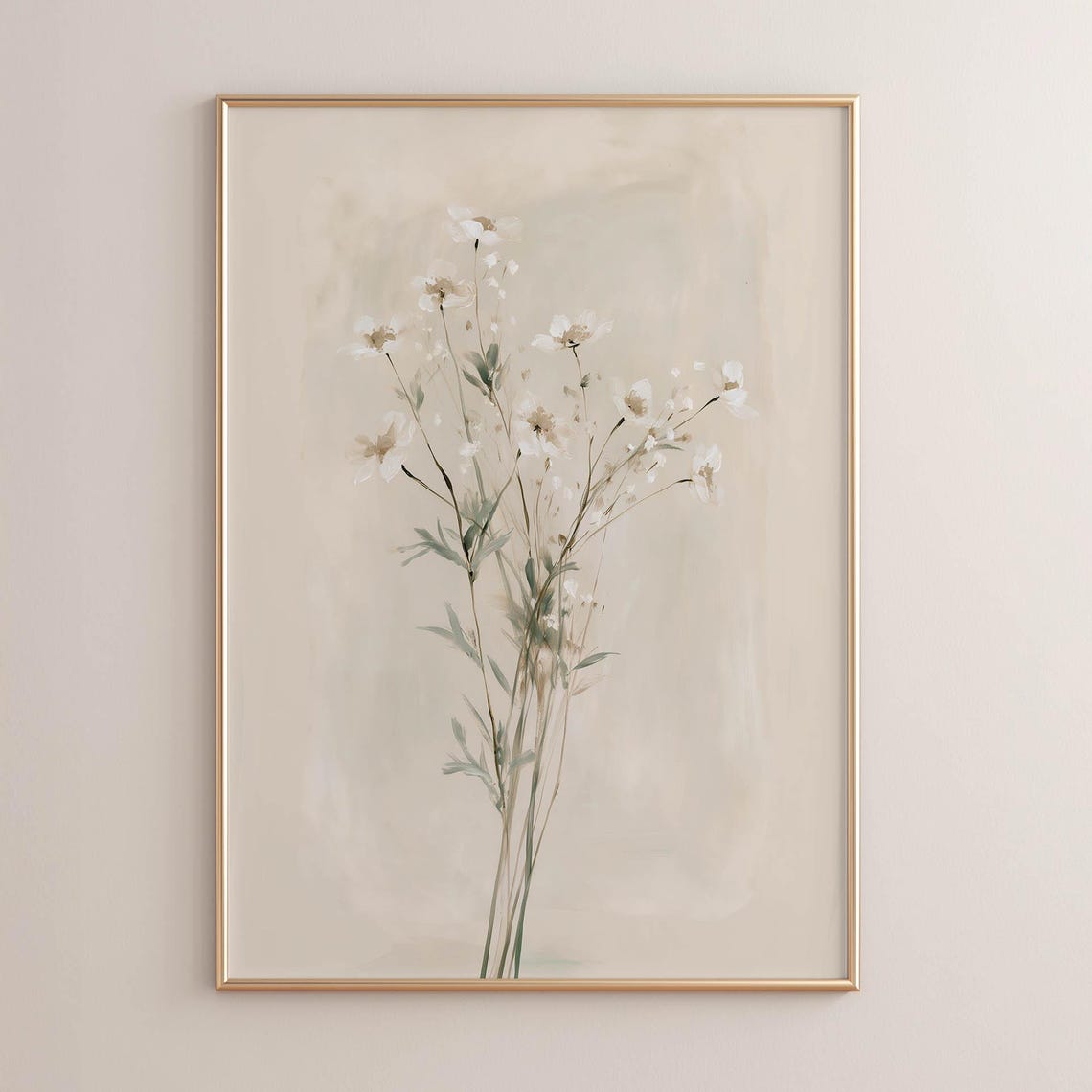 Printed White Wildflower Botanical Sage Green Cream Neutral Poster