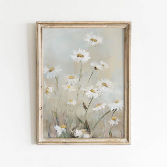 Muted Sage Beige White Daisy Cluster Printable Vintage Floral Wall Art Neutral Cottage Decor Romantic Bedroom Painting Download 610
