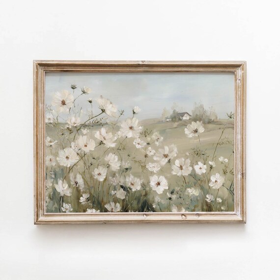White Cosmos Wildflowers Meadow Cottage Soft Neutral Floral Art Poster