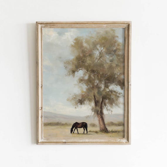 Dark Horse Grazing Vintage Meadow Landscape Printable Wall Art Rustic Farmhouse Decor Digital Download 562