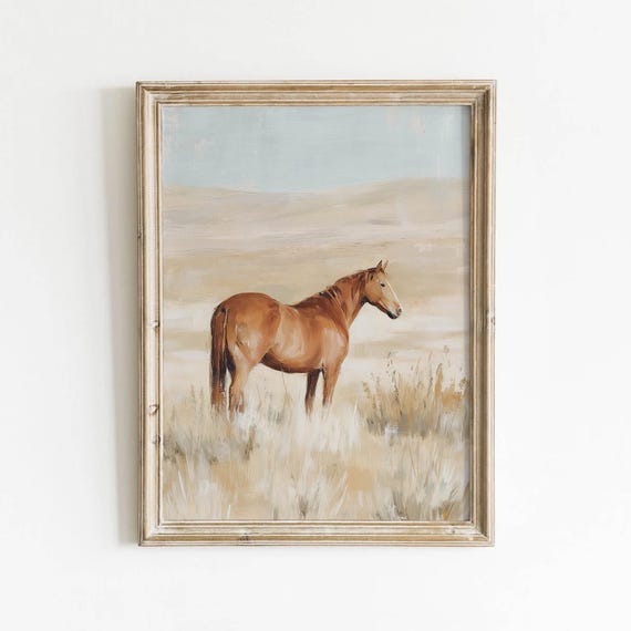 Chestnut Horse Prairie Landscape Printable Rustic Western Wall Art Muted Tan Brown Decor Vintage Farmhouse Painting Digital Download 568