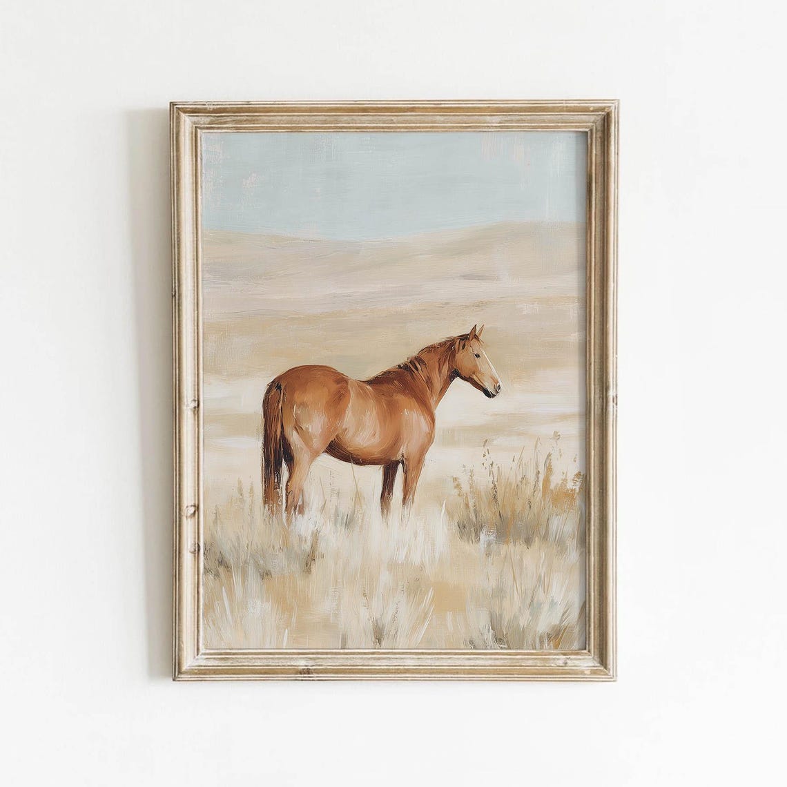 Chestnut Horse in Prairie Landscape Rustic Western Painting Print