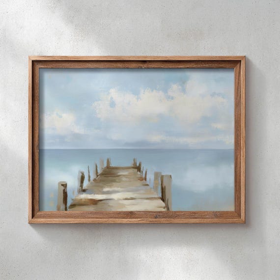 Printed Wooden Dock Over Calm Water Coastal Landscape Wall Art Serene Pier Painting Muted Blue Decor Neutral Print P429