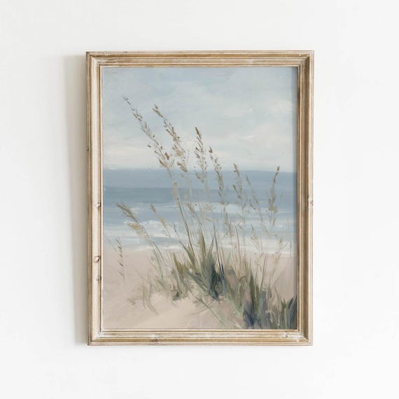 Coastal Beach Scene Printable Muted Blue Sandy Tones Wall Art Sea Oats Dunes Decor Vintage Painting Neutral Download 458
