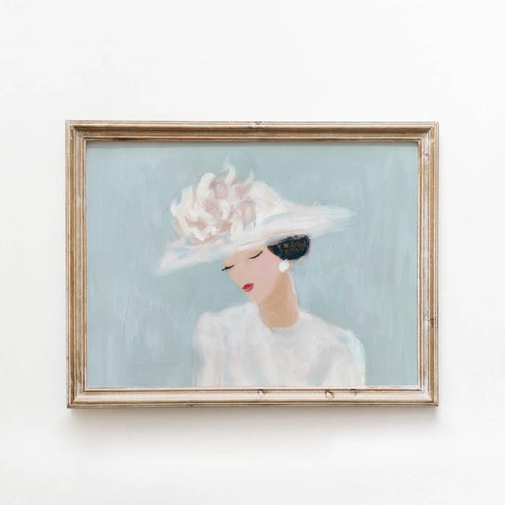 Elegant Woman in Blush Flower Hat Portrait, Vintage Art Print