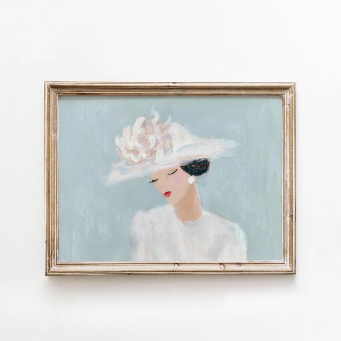 Elegant Woman in Blush Flower Hat Portrait, Vintage Art Print