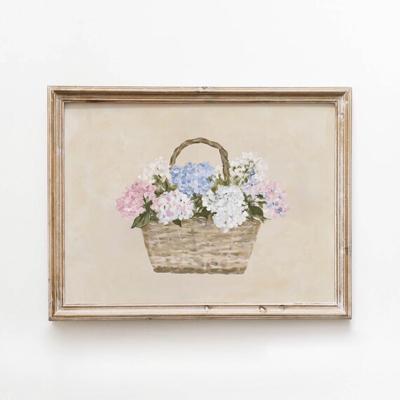 Soft Pink Blue Hydrangea Basket Printable Vintage Floral Wall Art Cottagecore Flower Decor Neutral Living Room Digital Download 662