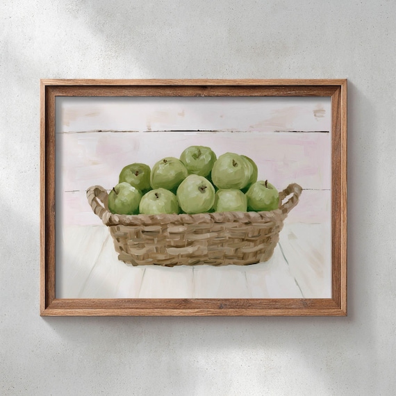 Green Apple Basket Watercolor Farmhouse Kitchen Still Life Poster