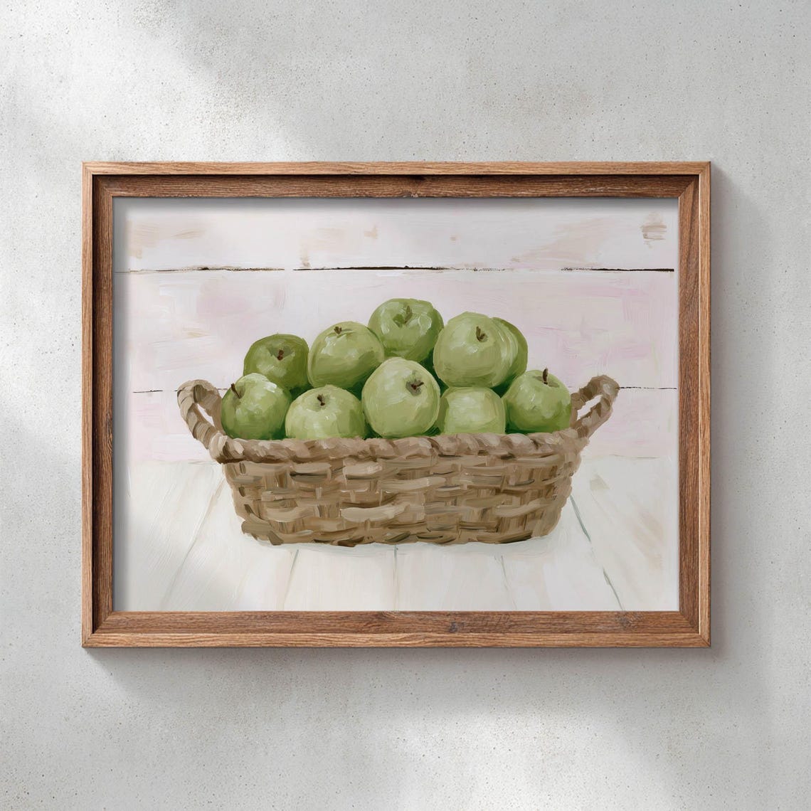 Green Apple Basket Watercolor Farmhouse Kitchen Still Life Poster