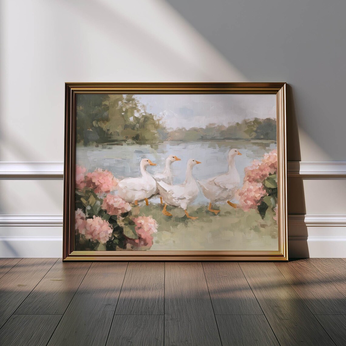 Country Geese Pink Hydrangeas, Vintage Floral Art Print