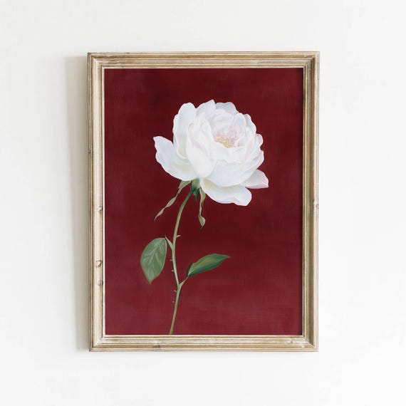 White Rose Poster Print, Burgundy Red Botanical Decor