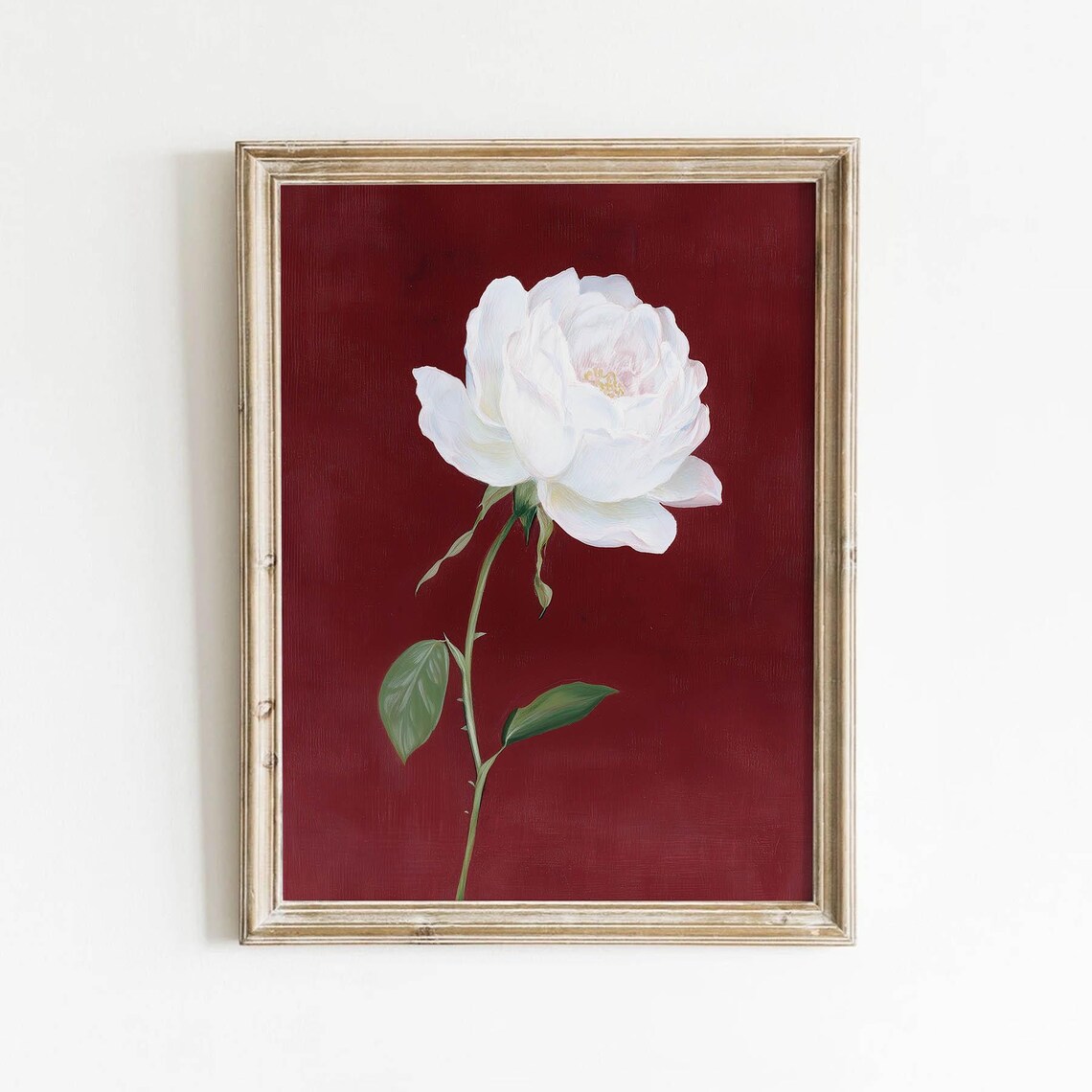 White Rose Poster Print, Burgundy Red Botanical Decor