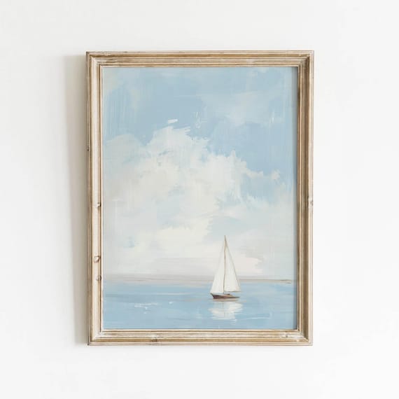 Printable Sailboat On Calm Water Painting Serene Coastal Landscape Art Muted Blue Sky Vintage Nautical Wall Decor Digital Download 713