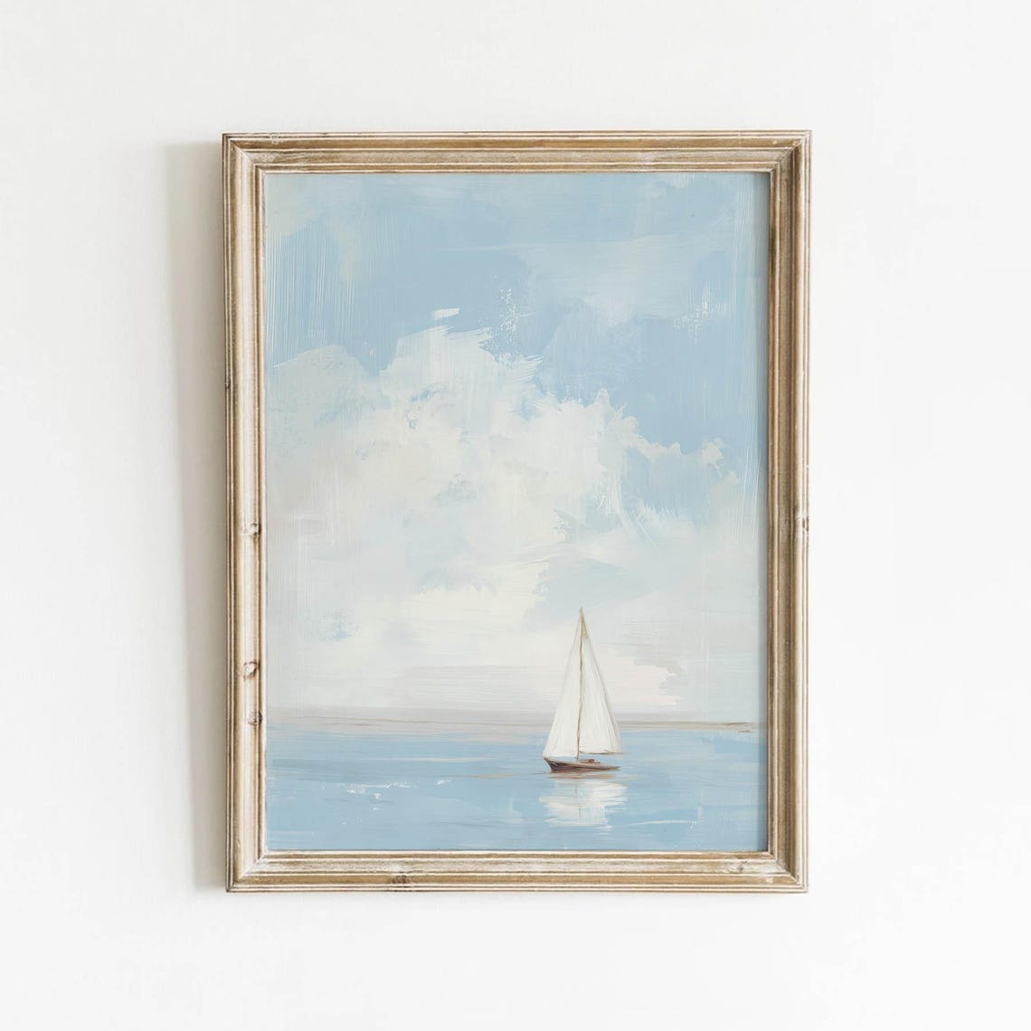 Sailboat Under Soft White Clouds Serene Ocean Watercolor Poster