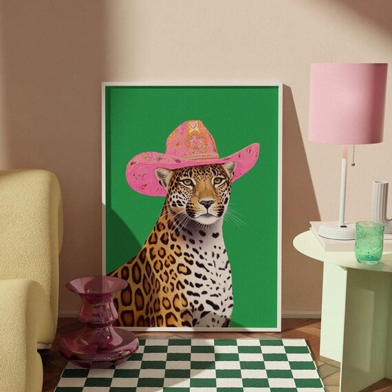 Pink Cheetah Western Wall Art Maximalist Green Decor Retro Apartment Poster Cowgirl Prints Trendy