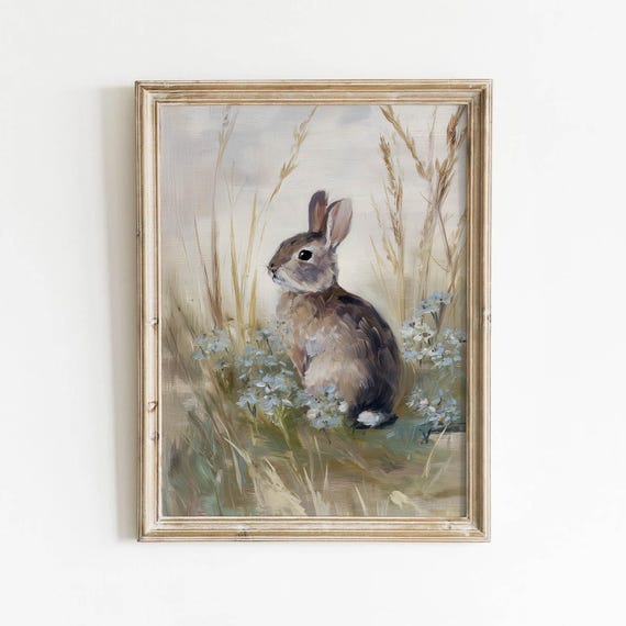 Muted Brown Rabbit Printable Vintage Wildflower Wall Art Soft Blue Cottagecore Nature Decor Rustic Spring Painting Digital Download 485