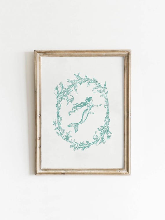 Teal Coquette Mermaid Download Nautical Gallery Wall Art Vintage Nouveau Drawing Antique Decor Printable Artwork