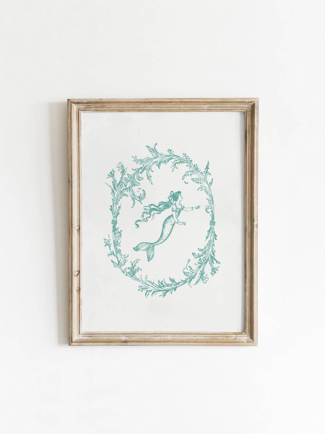 Teal Mermaid In Floral Frame Vintage Nautical Coquette Poster